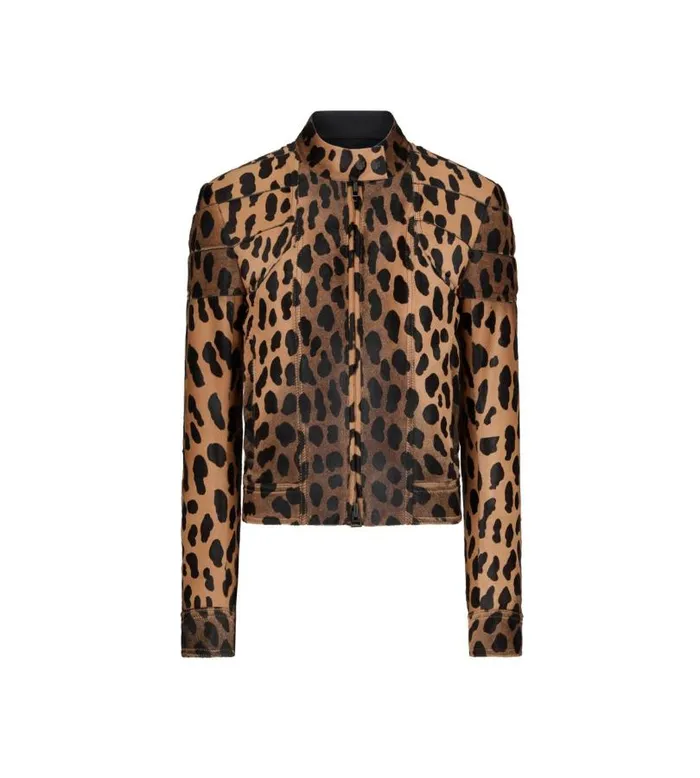 Women Outerwear Tom Ford Leopard Printed Calf Hair Biker Jacket Black Beige