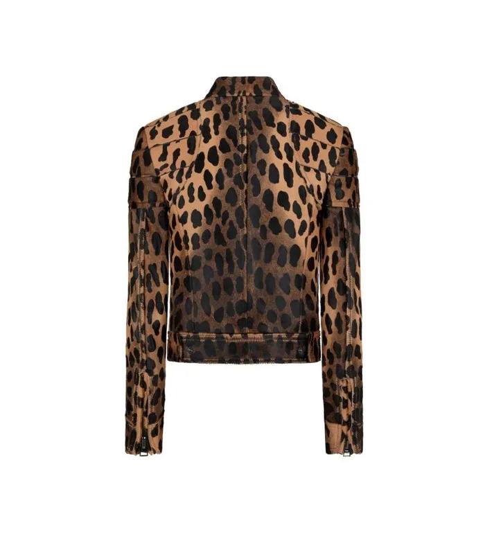 Women Outerwear Tom Ford Leopard Printed Calf Hair Biker Jacket Black Beige