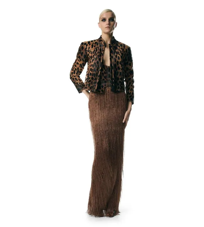 Women Outerwear Tom Ford Leopard Printed Calf Hair Biker Jacket Black Beige