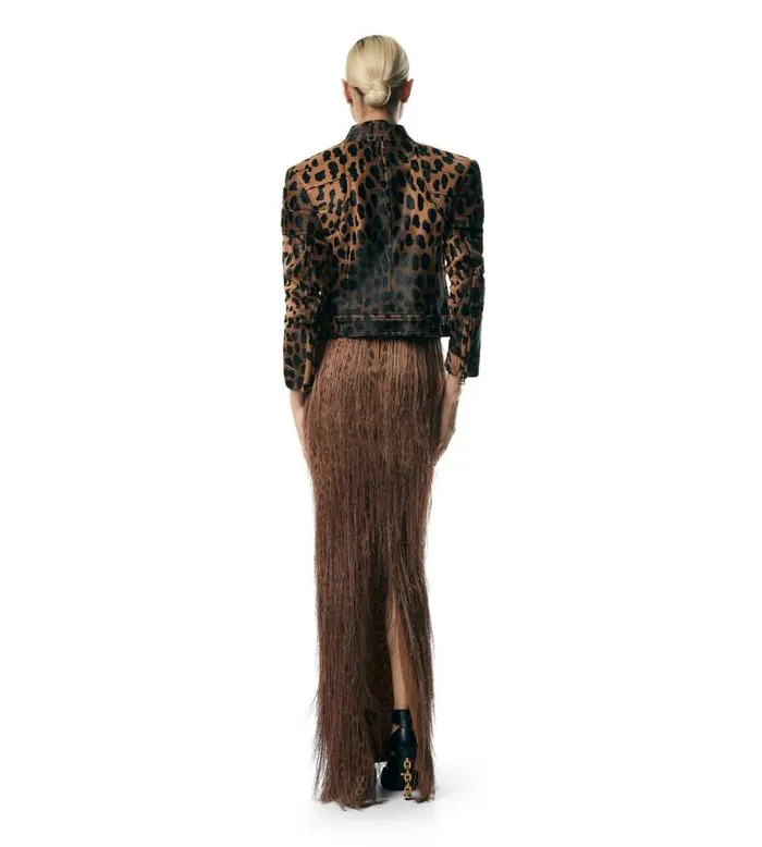 Women Outerwear Tom Ford Leopard Printed Calf Hair Biker Jacket Black Beige