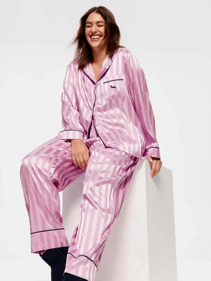 Women PA Plus Lilac Penny Stripe Chic Satin Long Sleeve Pj Set Lilac Peter Alexander Sets and Onesies