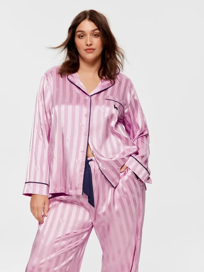 Women PA Plus Lilac Penny Stripe Chic Satin Long Sleeve Pj Set Lilac Peter Alexander Sets and Onesies