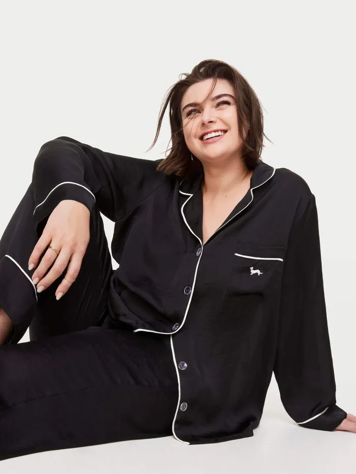 Women PA Plus Long Black Chic Satin Pj Set Black Peter Alexander Sets and Onesies