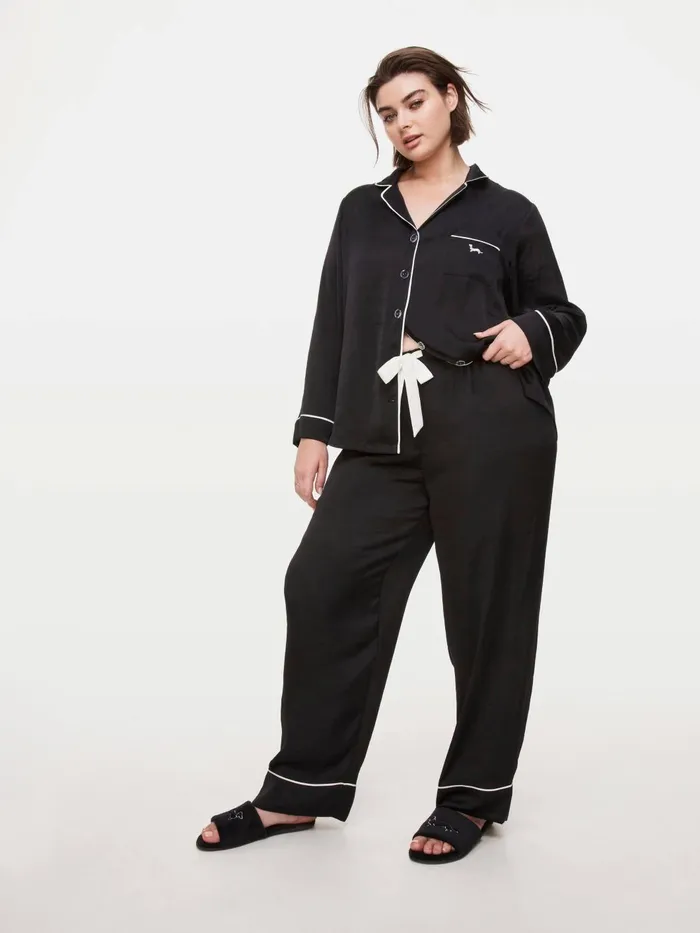 Women PA Plus Long Black Chic Satin Pj Set Black Peter Alexander Sets and Onesies