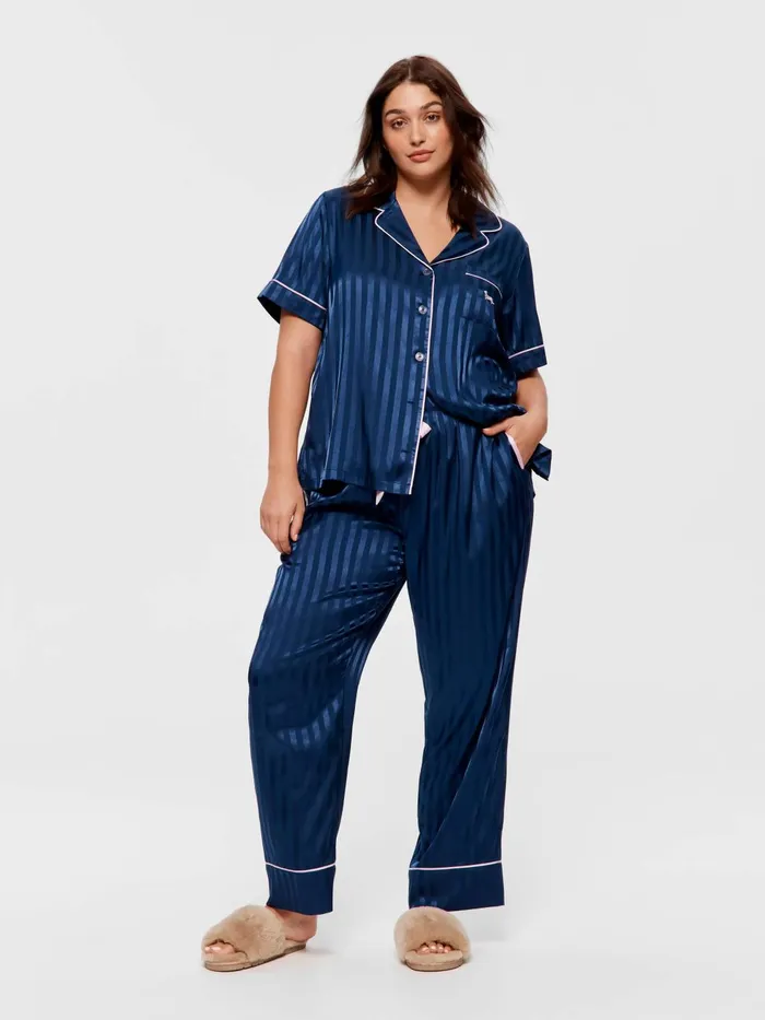 Women PA Plus Navy Stripe Chic Satin Short Sleeve and Pant Pj Set Navy Stripe Peter Alexander Satin Women PA Plus Navy Stripe Chic Satin Short Sleeve and Pant Pj Set Navy Stripe Peter Alexander Satin