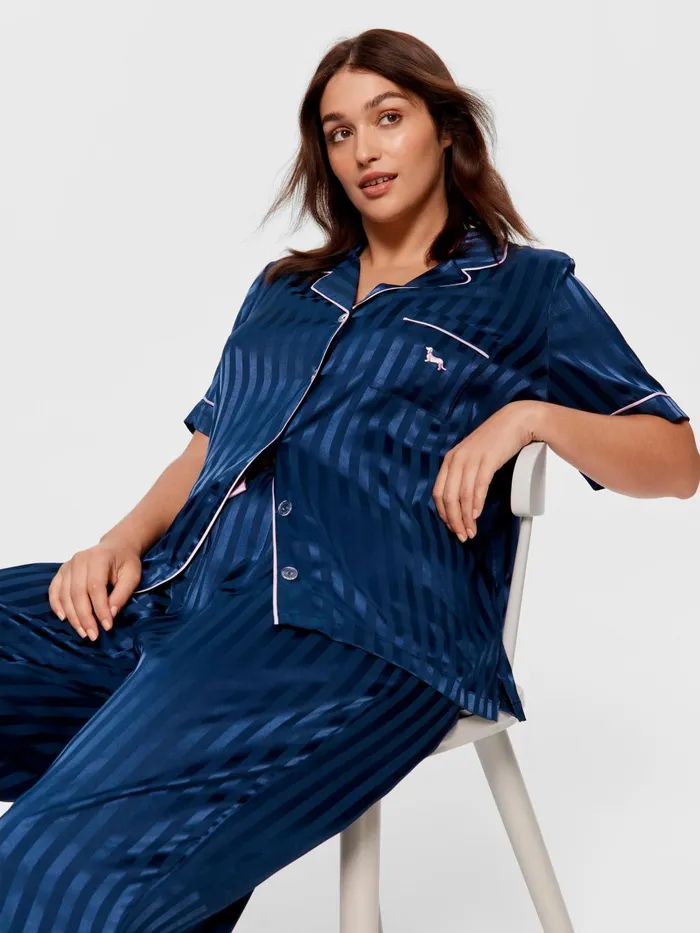 Women PA Plus Navy Stripe Chic Satin Short Sleeve and Pant Pj Set Navy Stripe Peter Alexander Satin