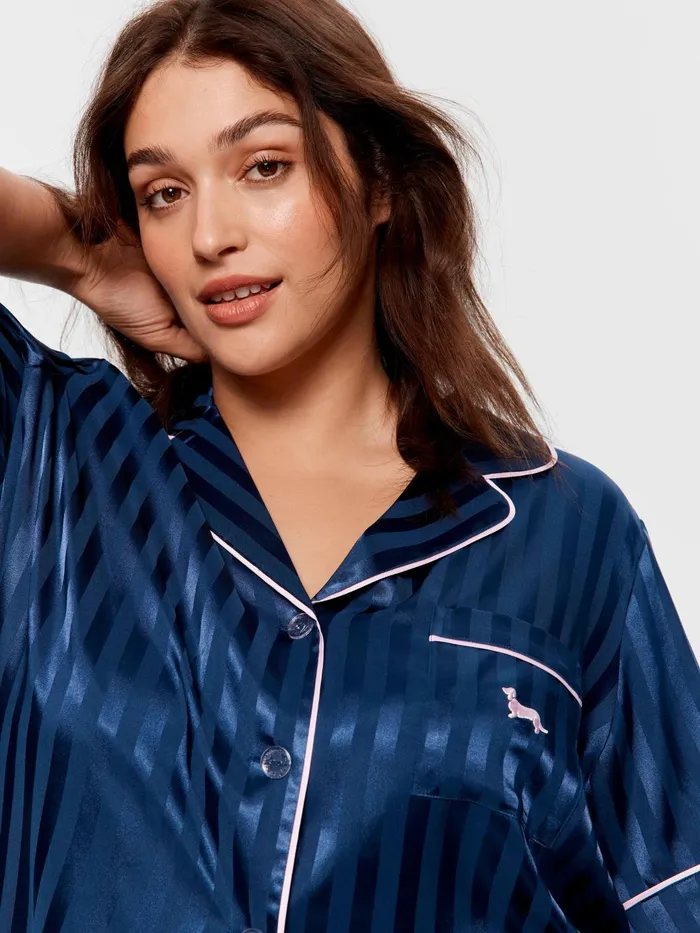 Women PA Plus Navy Stripe Chic Satin Short Sleeve and Pant Pj Set Navy Stripe Peter Alexander Satin