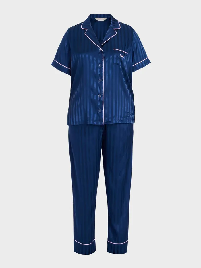Women PA Plus Navy Stripe Chic Satin Short Sleeve and Pant Pj Set Navy Stripe Peter Alexander Satin