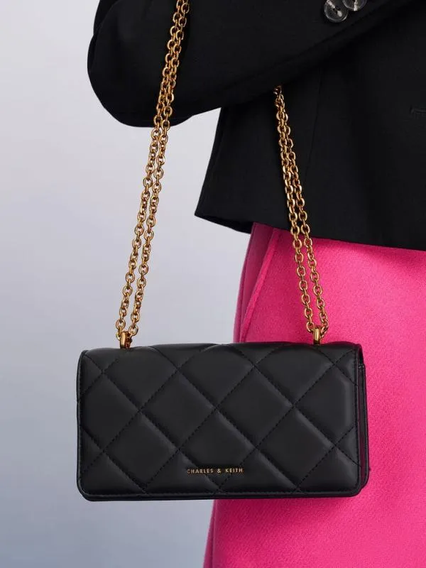 Women Paffuto Chain Handle Quilted Long Wallet 8211 Black CHARLES and KEITH Long Wallets