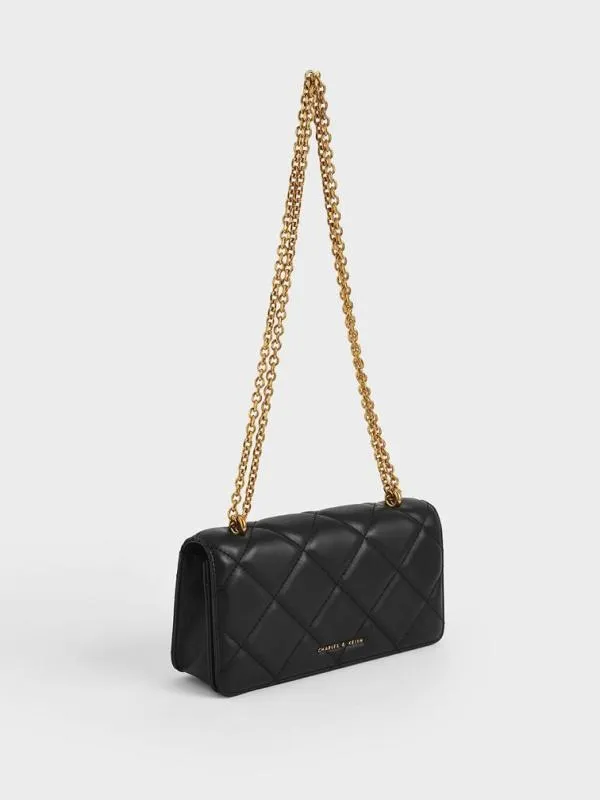 Women Paffuto Chain Handle Quilted Long Wallet 8211 Black CHARLES and KEITH Long Wallets
