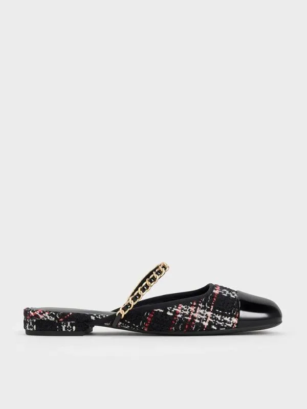 Women Patent and Tweed ChainStrap Mules 8211 Multi CHARLES and KEITH Flats