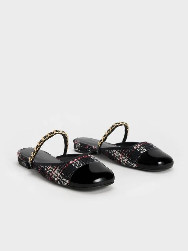 Women Patent and Tweed ChainStrap Mules 8211 Multi CHARLES and KEITH Flats
