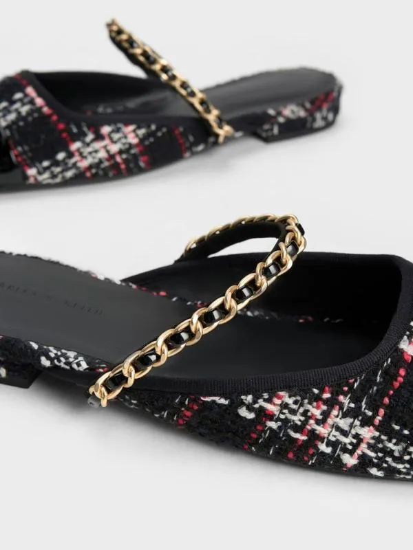 Women Patent and Tweed ChainStrap Mules 8211 Multi CHARLES and KEITH Flats
