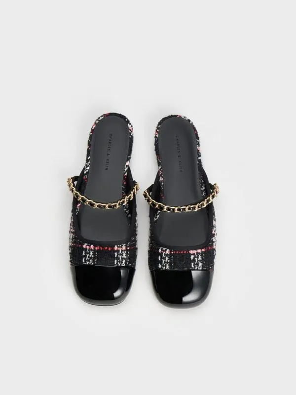 Women Patent and Tweed ChainStrap Mules 8211 Multi CHARLES and KEITH Flats