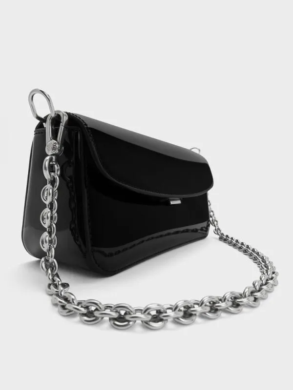 Women Patent ChainHandle Shoulder Bag 8211 Noir CHARLES and KEITH Shoulder Bags