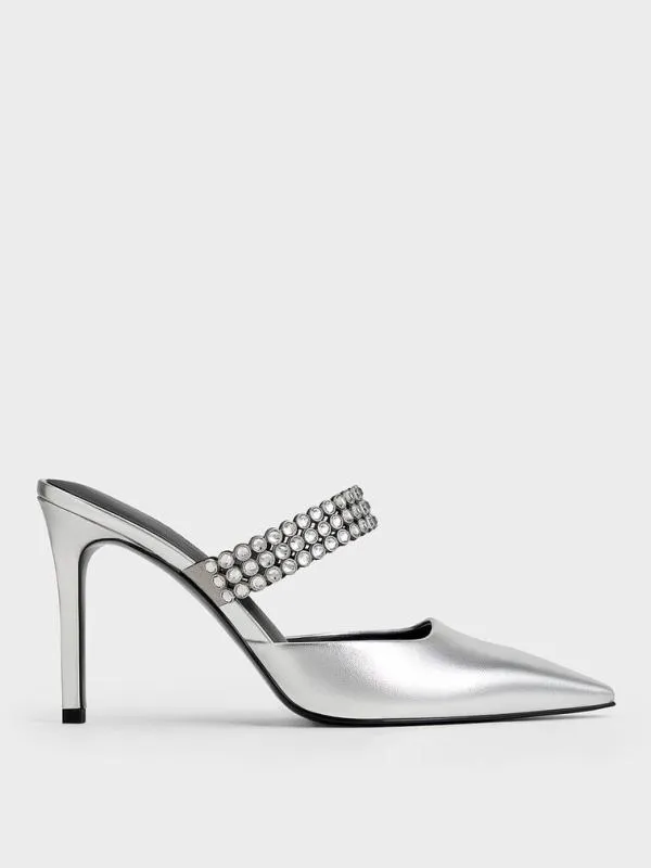 Women Patent CrystalEmbellished Heeled Mules 8211 Silver CHARLES and KEITH Heels Women Patent CrystalEmbellished Heeled Mules 8211 Silver CHARLES and KEITH Heels