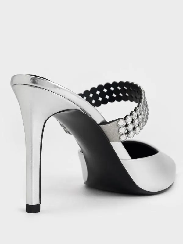 Women Patent CrystalEmbellished Heeled Mules 8211 Silver CHARLES and KEITH Heels