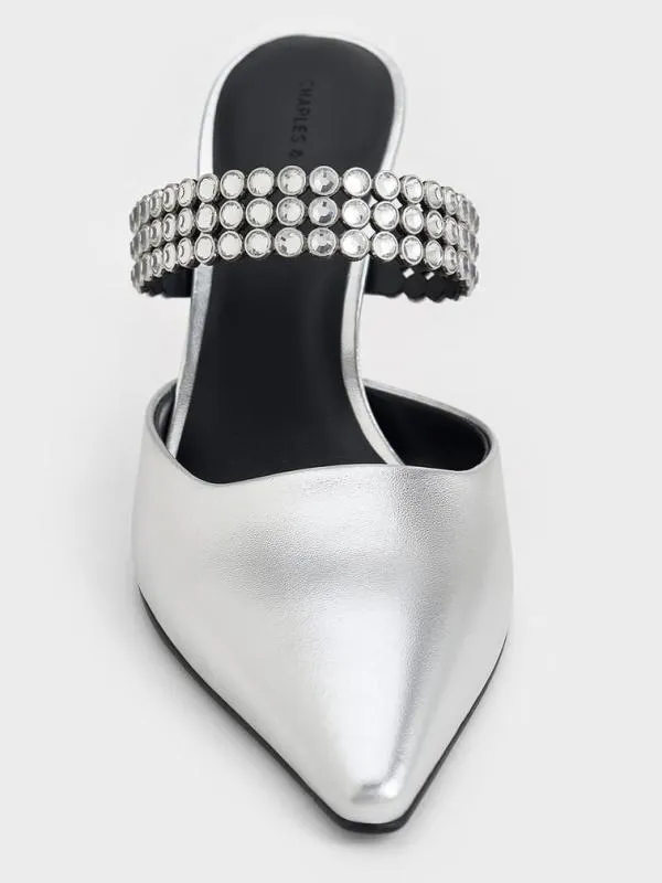 Women Patent CrystalEmbellished Heeled Mules 8211 Silver CHARLES and KEITH Heels