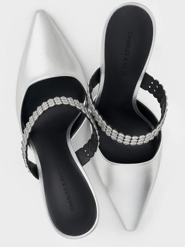 Women Patent CrystalEmbellished Heeled Mules 8211 Silver CHARLES and KEITH Heels