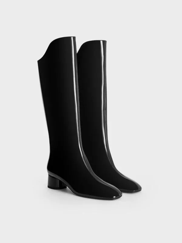 Women Patent Elongated SquareToe KneeHigh Boots 8211 Black Patent CHARLES and KEITH Boots