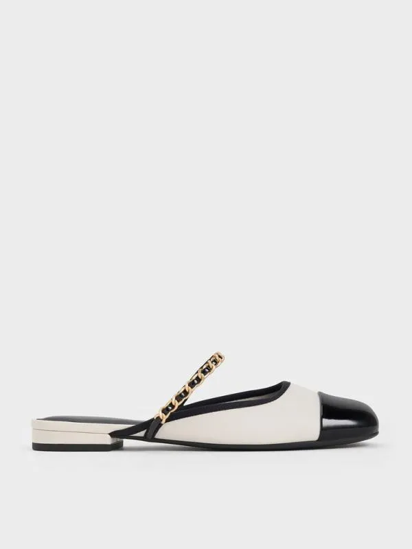 Women Patent TwoTone ChainStrap Mules 8211 White CHARLES and KEITH Flats
