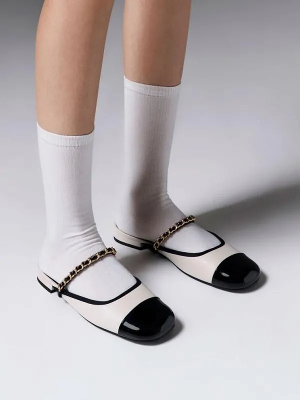 Women Patent TwoTone ChainStrap Mules 8211 White CHARLES and KEITH Flats