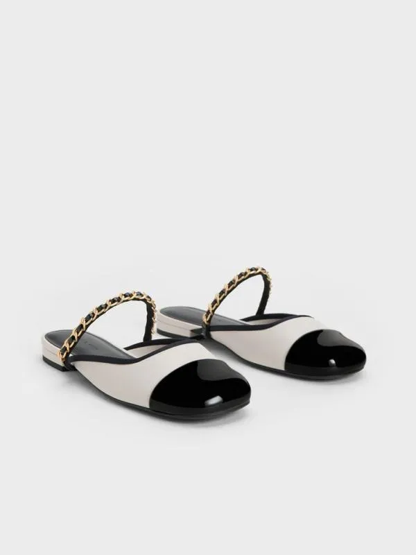 Women Patent TwoTone ChainStrap Mules 8211 White CHARLES and KEITH Flats