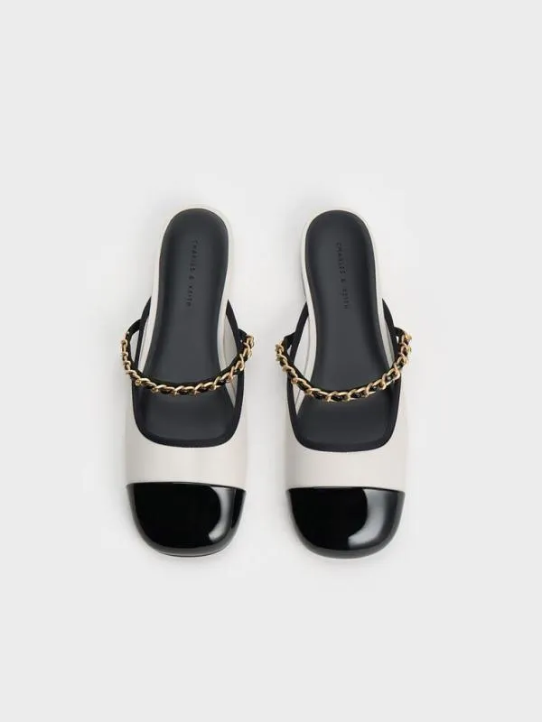 Women Patent TwoTone ChainStrap Mules 8211 White CHARLES and KEITH Flats