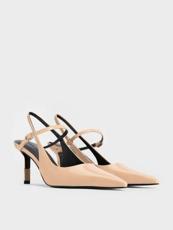 Women Patent TwoTone Heel Slingback Pumps 8211 Nude CHARLES and KEITH Heels