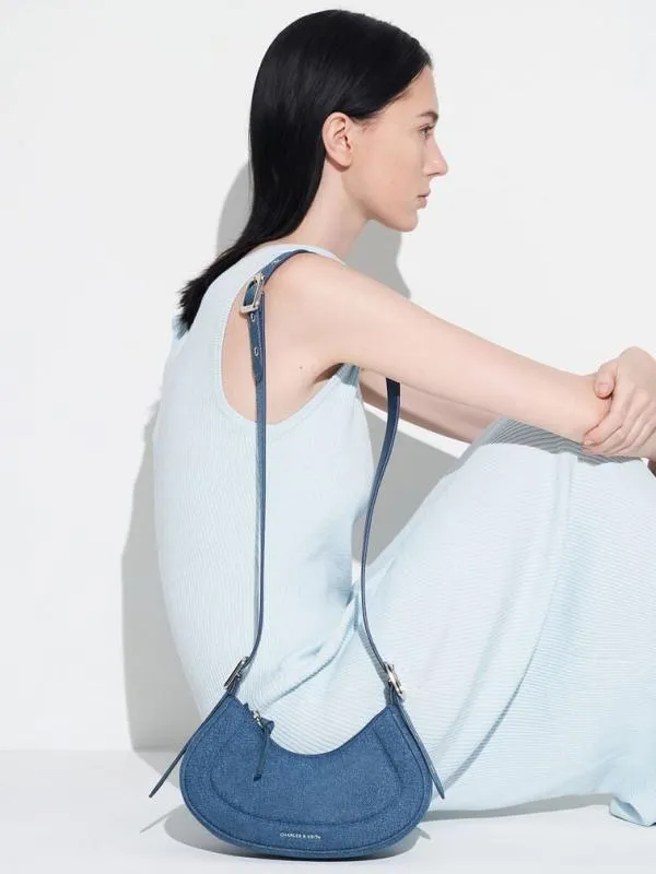 Women Petra Denim Curved Shoulder Bag 8211 Denim Blue CHARLES and KEITH Shoulder Bags