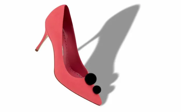 Women Pink And Black Suede Pom Pom Detail Pumps Manolo Blahnik Pumps
