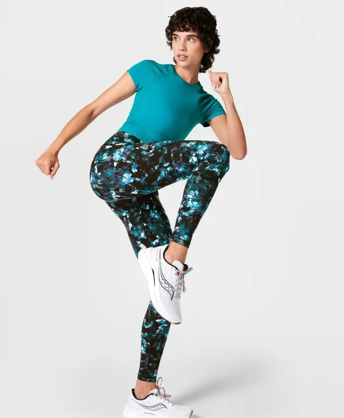 Women Power Gym Leggings Blue Illuminate Floral Print Sweaty Betty Pocketed