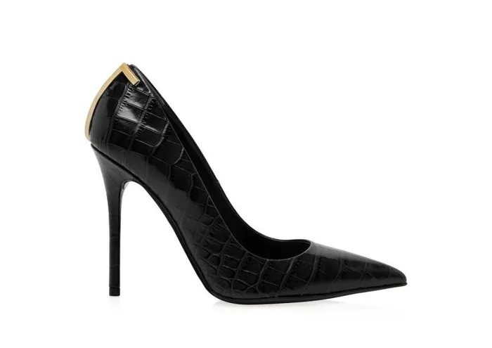 Women Pumps Tom Ford Shiny Stamped Crocodile Leather Iconic T Pump Black