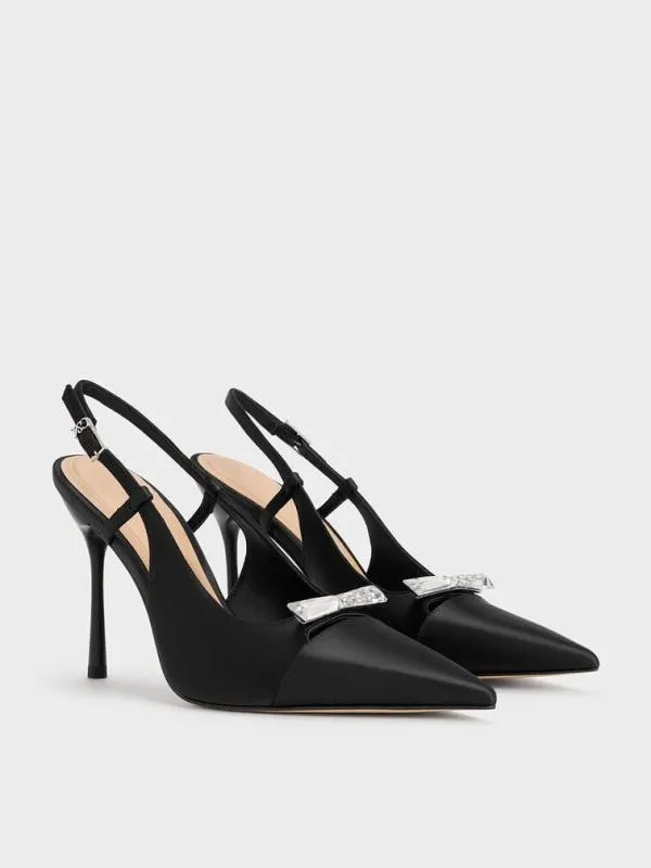 Women Recycled Polyester Bow Slingback Pumps 8211 Black Textured CHARLES and KEITH Heels