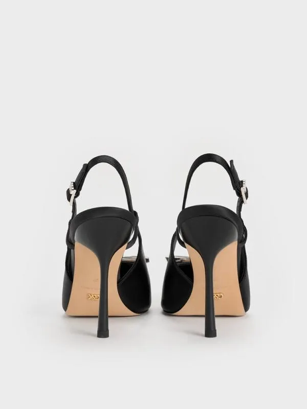 Women Recycled Polyester Bow Slingback Pumps 8211 Black Textured CHARLES and KEITH Heels