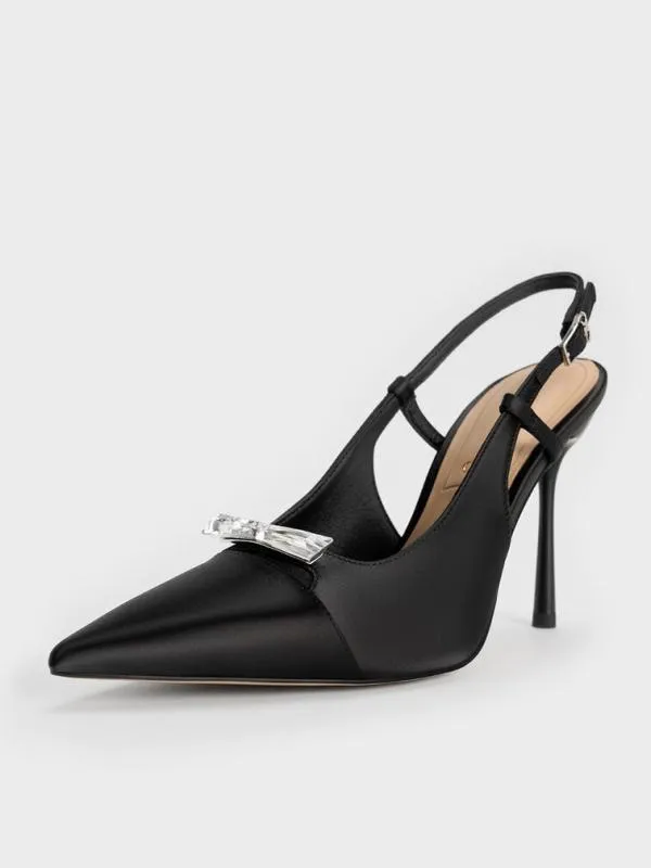 Women Recycled Polyester Bow Slingback Pumps 8211 Black Textured CHARLES and KEITH Heels