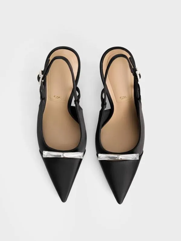 Women Recycled Polyester Bow Slingback Pumps 8211 Black Textured CHARLES and KEITH Heels