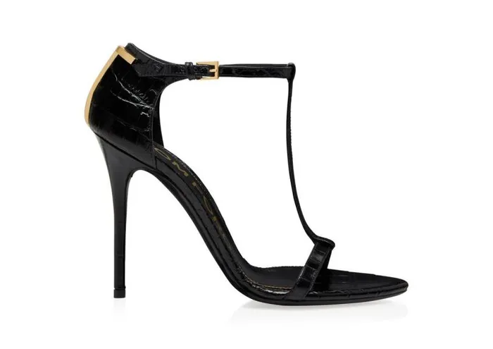Women Sandals Tom Ford Shiny Stamped Crocodile Leather Iconic T Sandal Black
