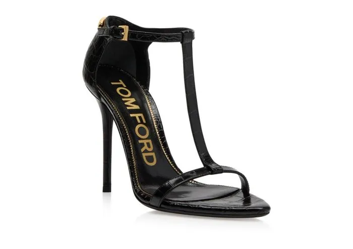 Women Sandals Tom Ford Shiny Stamped Crocodile Leather Iconic T Sandal Black