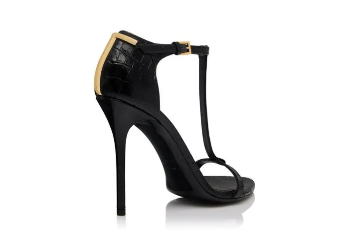 Women Sandals Tom Ford Shiny Stamped Crocodile Leather Iconic T Sandal Black