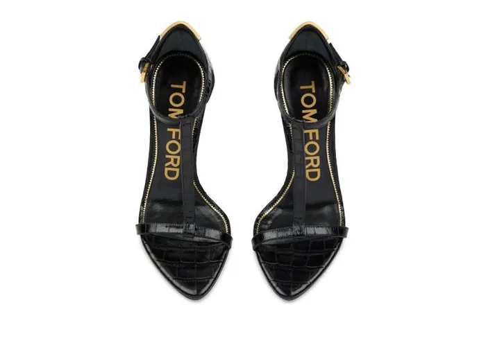 Women Sandals Tom Ford Shiny Stamped Crocodile Leather Iconic T Sandal Black
