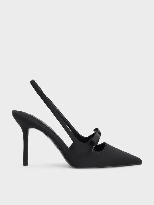 Women Satin Bow PointedToe Slingback Pumps 8211 Black Textured CHARLES and KEITH Heels Women Satin Bow PointedToe Slingback Pumps 8211 Black Textured CHARLES and KEITH Heels