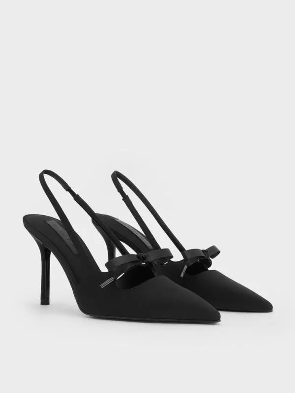 Women Satin Bow PointedToe Slingback Pumps 8211 Black Textured CHARLES and KEITH Heels