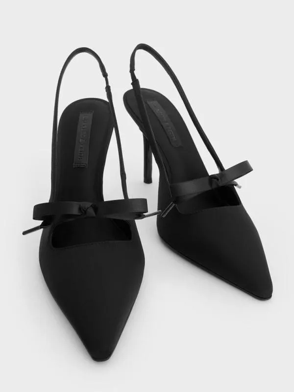 Women Satin Bow PointedToe Slingback Pumps 8211 Black Textured CHARLES and KEITH Heels