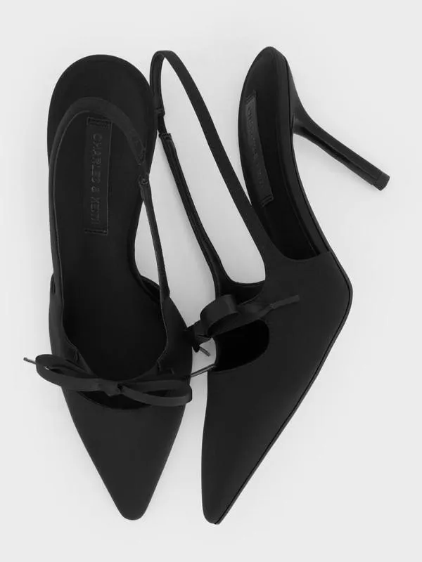 Women Satin Bow PointedToe Slingback Pumps 8211 Black Textured CHARLES and KEITH Heels
