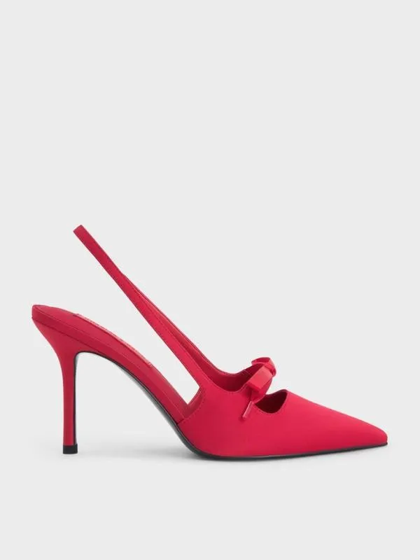 Women Satin Bow PointedToe Slingback Pumps 8211 Red CHARLES and KEITH Heels