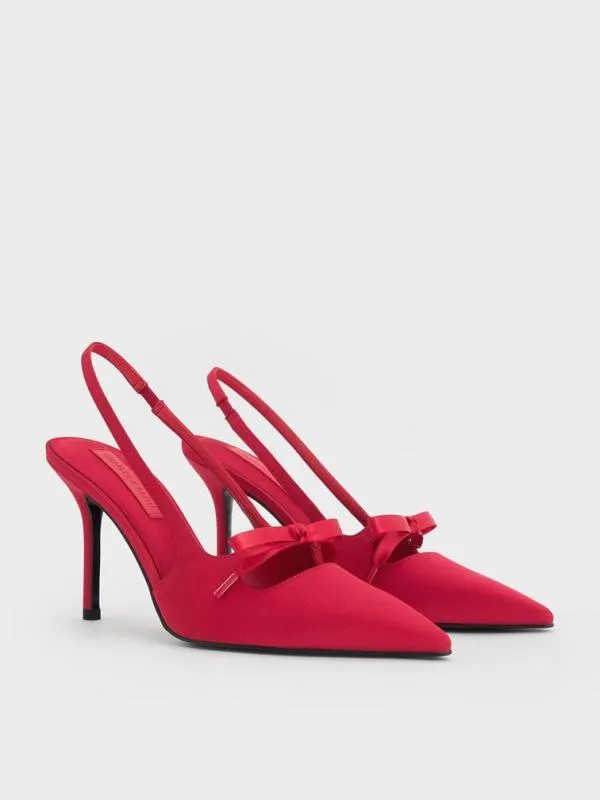 Women Satin Bow PointedToe Slingback Pumps 8211 Red CHARLES and KEITH Heels