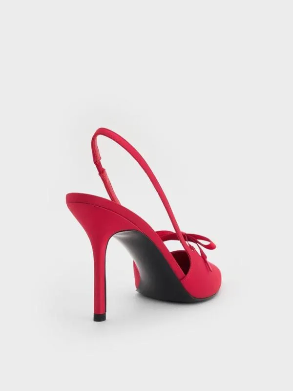 Women Satin Bow PointedToe Slingback Pumps 8211 Red CHARLES and KEITH Heels