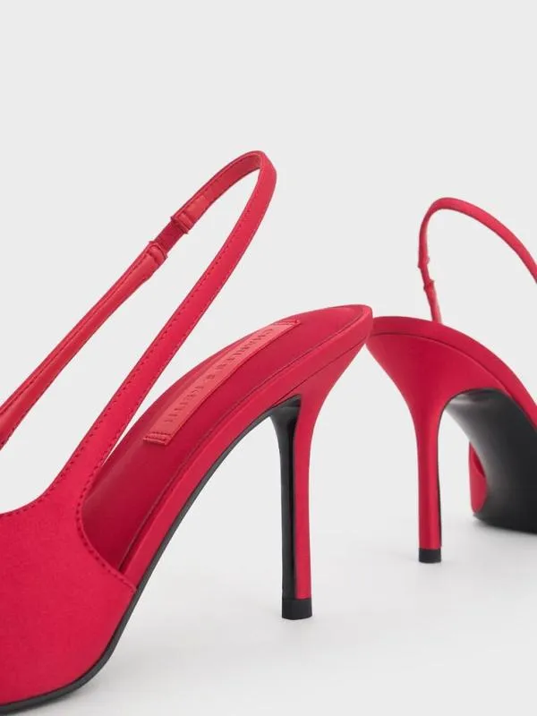 Women Satin Bow PointedToe Slingback Pumps 8211 Red CHARLES and KEITH Heels