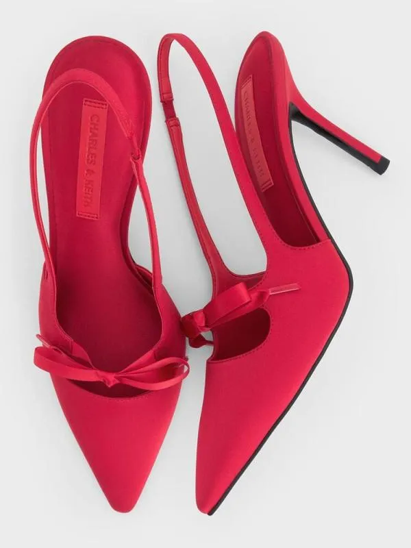 Women Satin Bow PointedToe Slingback Pumps 8211 Red CHARLES and KEITH Heels